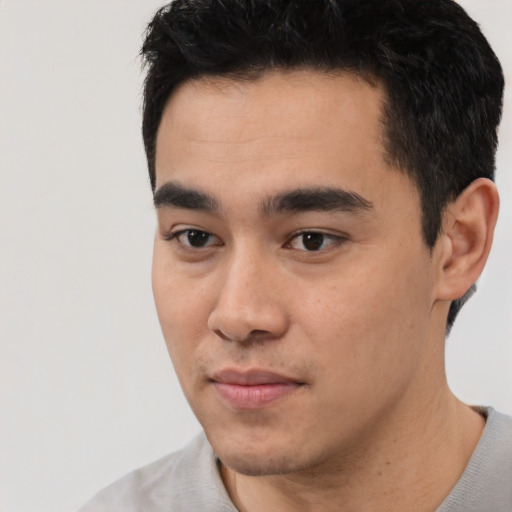 Neutral asian young-adult male with short  black hair and brown eyes