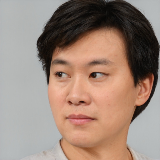 Neutral asian young-adult male with short  brown hair and brown eyes