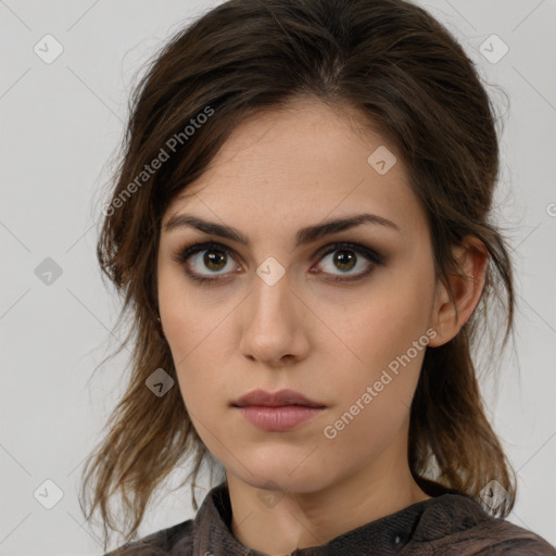 Neutral white young-adult female with medium  brown hair and brown eyes