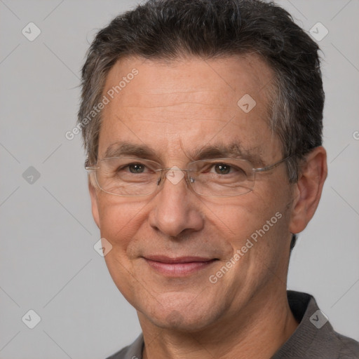 Joyful white middle-aged male with short  brown hair and brown eyes