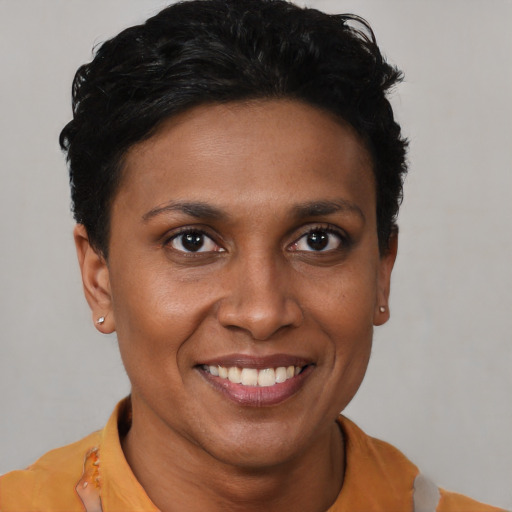 Joyful black young-adult female with short  black hair and brown eyes