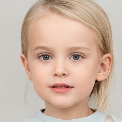 Neutral white child female with medium  brown hair and blue eyes