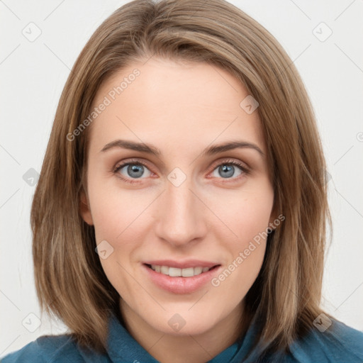 Joyful white young-adult female with medium  brown hair and blue eyes