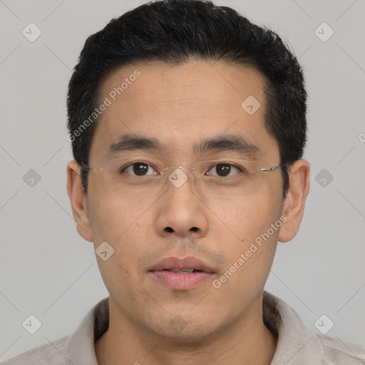 Neutral asian young-adult male with short  black hair and brown eyes