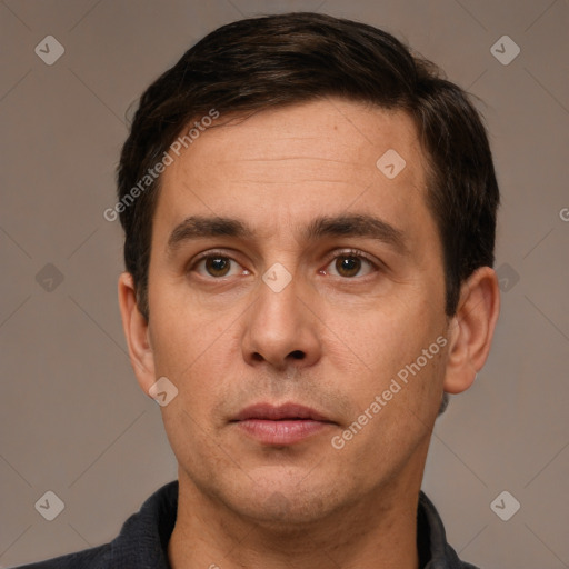 Neutral white adult male with short  brown hair and brown eyes