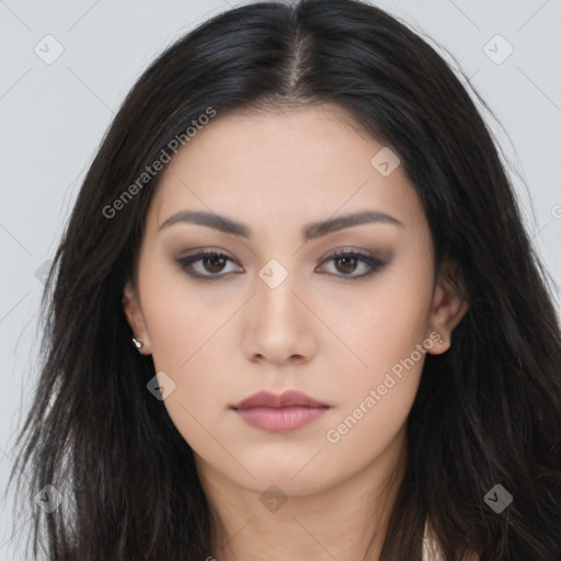 Neutral asian young-adult female with long  brown hair and brown eyes