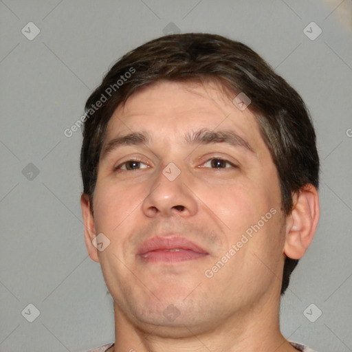 Neutral white adult male with short  brown hair and brown eyes