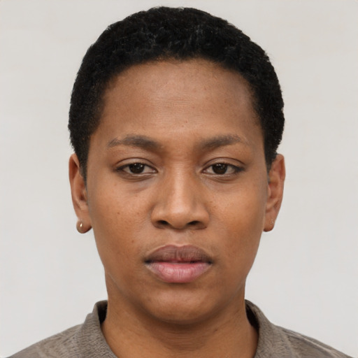 Neutral black young-adult female with short  black hair and brown eyes