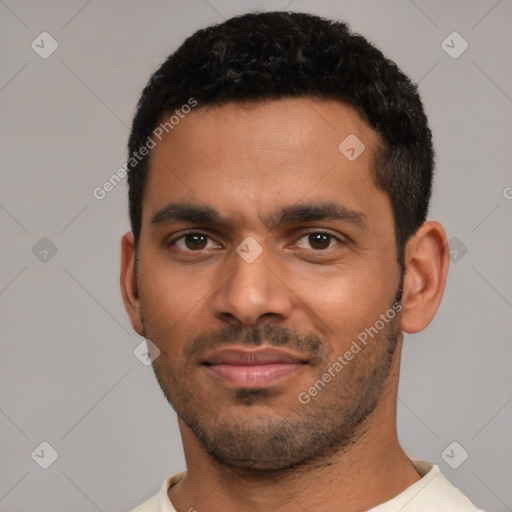 Neutral latino young-adult male with short  black hair and brown eyes