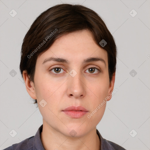 Neutral white young-adult female with short  brown hair and brown eyes