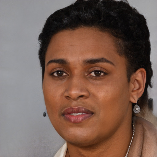 Joyful black young-adult female with short  black hair and brown eyes