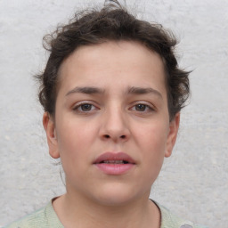 Neutral white young-adult female with short  brown hair and brown eyes