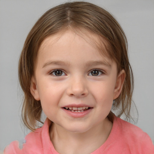 Joyful white child female with medium  brown hair and brown eyes