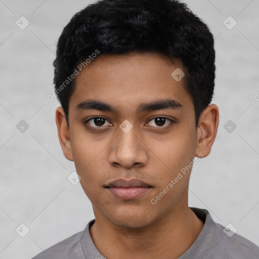 Neutral latino young-adult male with short  black hair and brown eyes