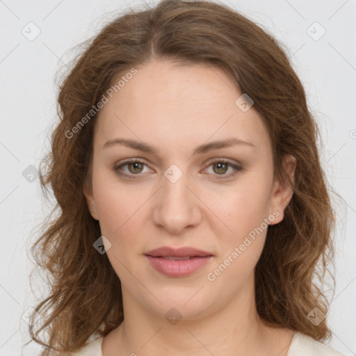 Joyful white young-adult female with long  brown hair and green eyes