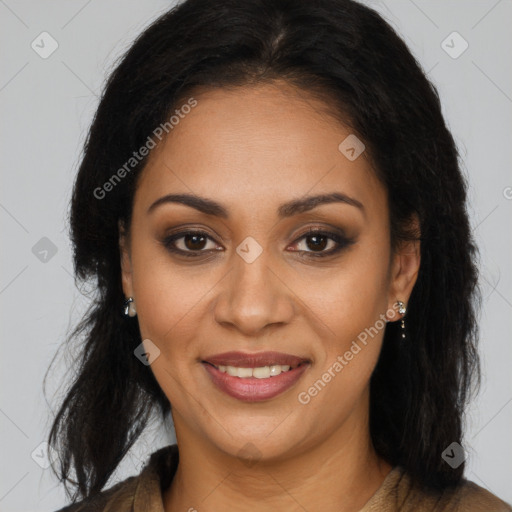 Joyful latino young-adult female with long  brown hair and brown eyes