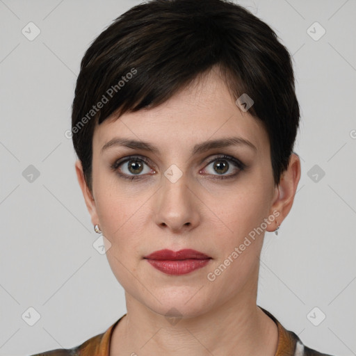 Neutral white young-adult female with short  brown hair and brown eyes