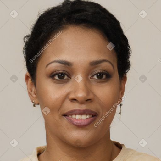 Joyful latino young-adult female with short  brown hair and brown eyes