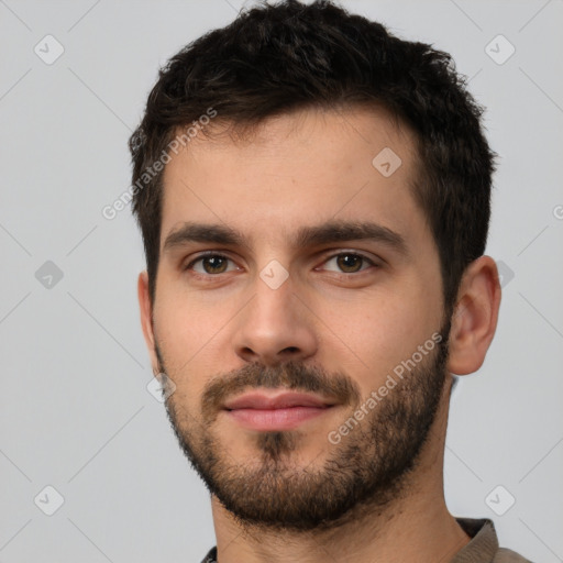 Neutral white young-adult male with short  brown hair and brown eyes