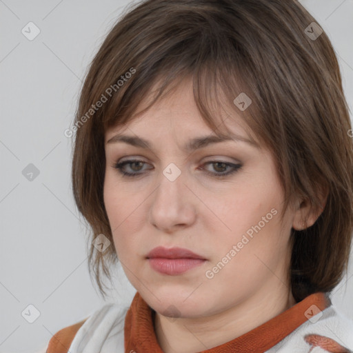 Neutral white young-adult female with medium  brown hair and brown eyes