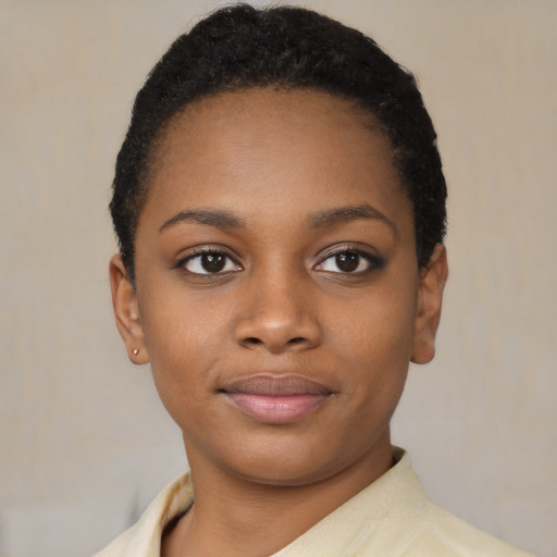 Neutral black young-adult female with short  black hair and brown eyes