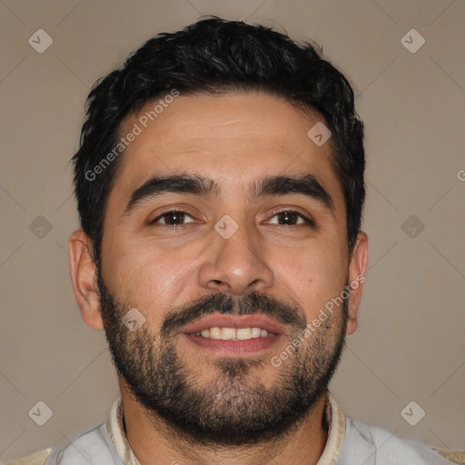 Joyful latino young-adult male with short  black hair and brown eyes