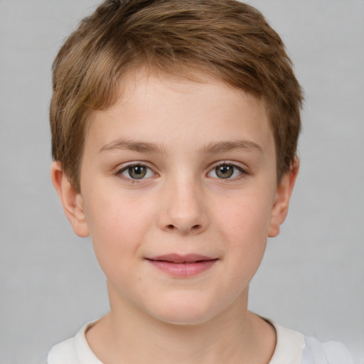 Joyful white child female with short  brown hair and grey eyes