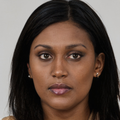 Neutral asian young-adult female with long  brown hair and brown eyes