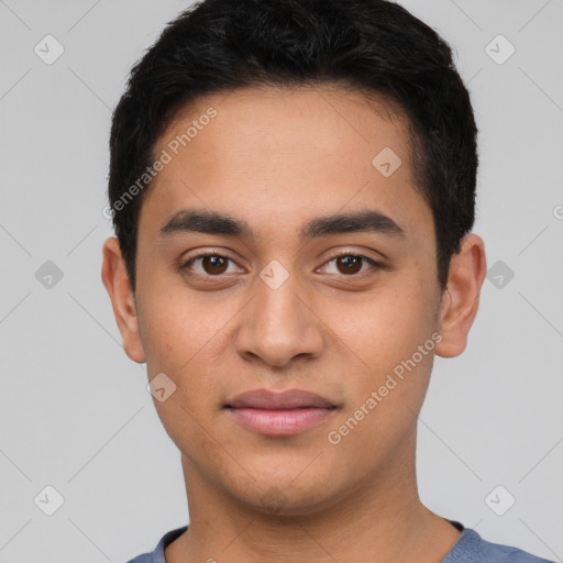 Neutral latino young-adult male with short  black hair and brown eyes