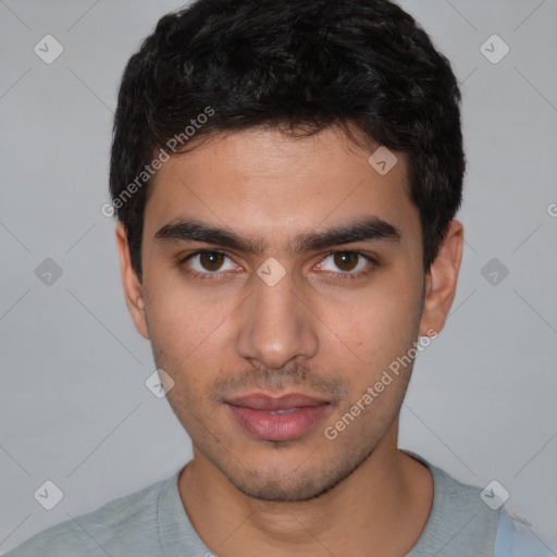 Neutral white young-adult male with short  black hair and brown eyes