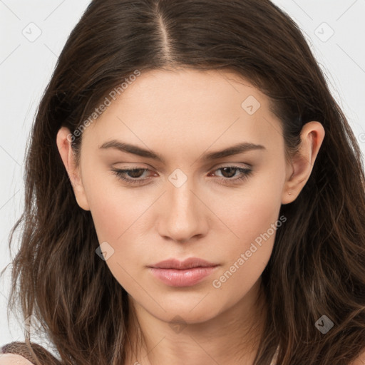 Neutral white young-adult female with long  brown hair and brown eyes