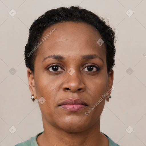 Neutral black young-adult female with short  brown hair and brown eyes