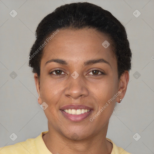 Joyful latino young-adult female with short  brown hair and brown eyes