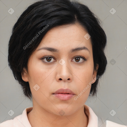 Neutral asian young-adult female with medium  black hair and brown eyes