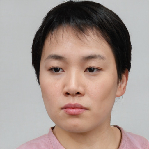 Neutral asian young-adult female with short  black hair and brown eyes