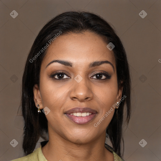 Joyful latino young-adult female with long  brown hair and brown eyes