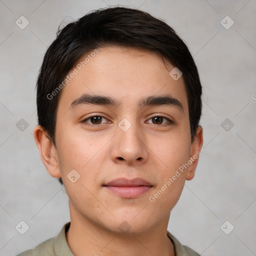 Neutral white young-adult male with short  brown hair and brown eyes