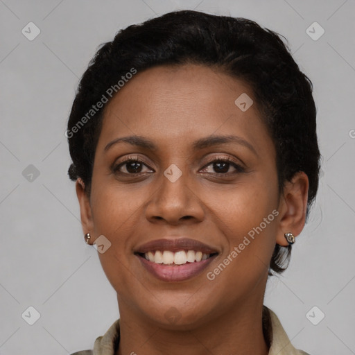 Joyful latino young-adult female with short  brown hair and brown eyes