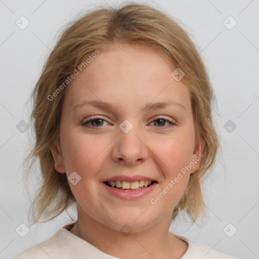 Joyful white young-adult female with medium  brown hair and blue eyes