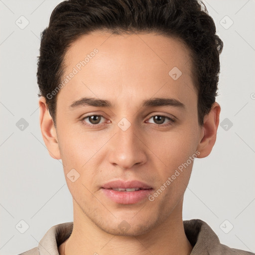 Joyful white young-adult male with short  brown hair and brown eyes