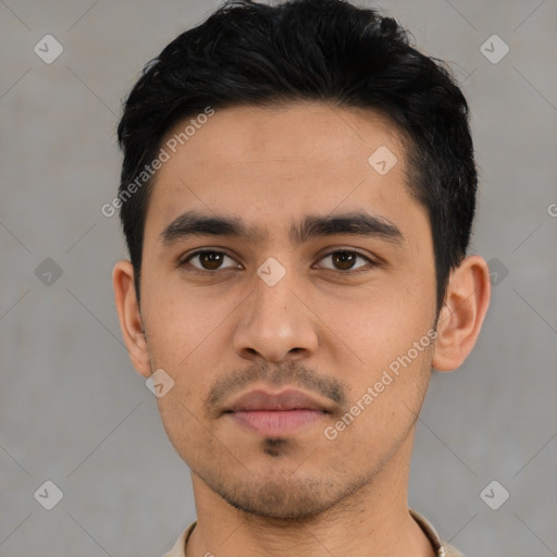 Neutral asian young-adult male with short  black hair and brown eyes