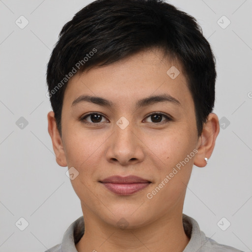 Joyful asian young-adult female with short  brown hair and brown eyes