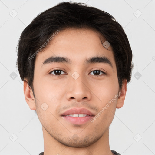 Neutral asian young-adult male with short  brown hair and brown eyes