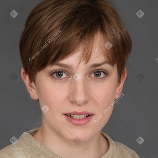 Joyful white young-adult female with short  brown hair and grey eyes