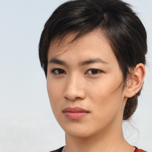 Neutral asian young-adult female with medium  brown hair and brown eyes