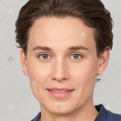 Joyful white young-adult female with short  brown hair and grey eyes