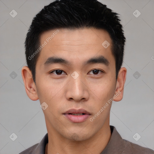 Neutral asian young-adult male with short  black hair and brown eyes