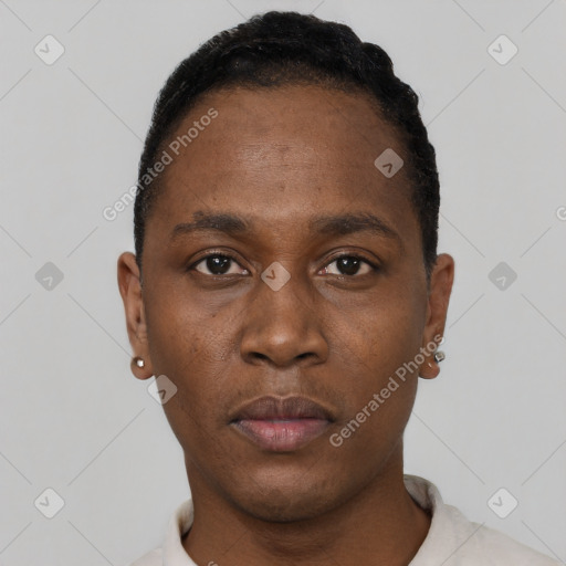 Neutral black young-adult male with short  black hair and brown eyes