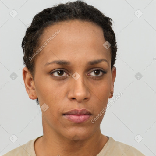 Neutral black young-adult female with short  brown hair and brown eyes