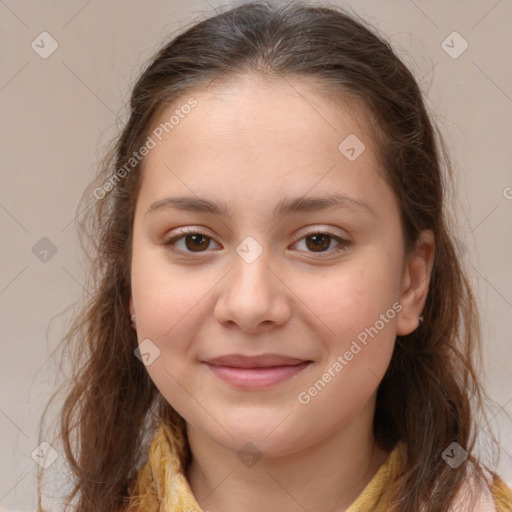 Joyful white child female with medium  brown hair and brown eyes